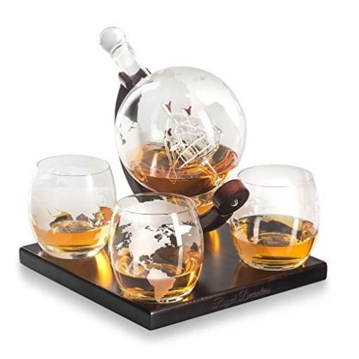 Royal Decanters Etched Globe Whiskey Decanter Gift Set - Fun Gifts For Him